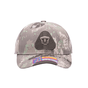 Front view of the Pumas Sweeper Adjustable hat with mid constructured crown, curved peak brim, and slider buckle closure, in brown camo print.