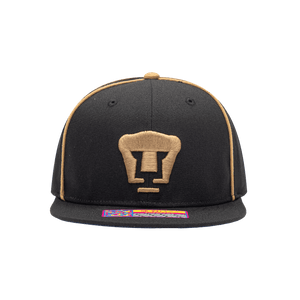 Front view of the Pumas Cali Night Snapback with high crown, flat peak, and snapback closure, in black/gold.