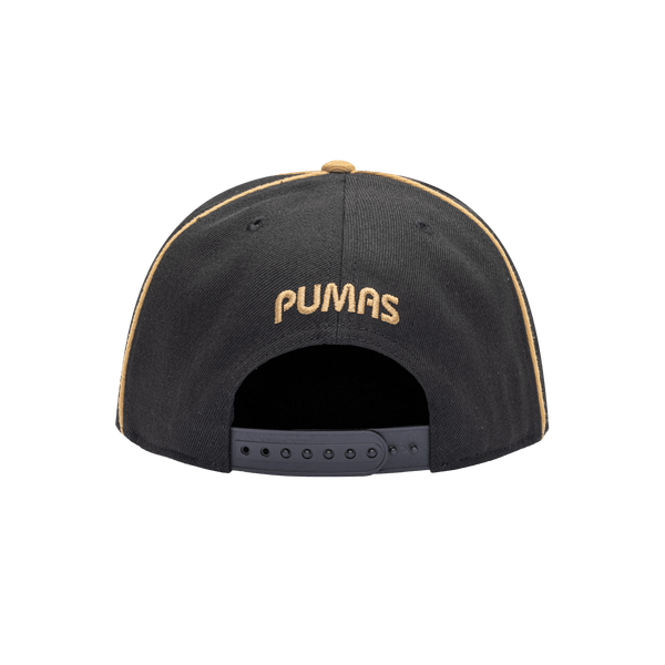 Back view of the Pumas Cali Night Snapback with high crown, flat peak, and snapback closure, in black/gold.