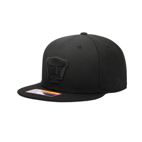 Side view of Pumas Dusk Snapback with high crown, flat peak, and snapback closure, in Black