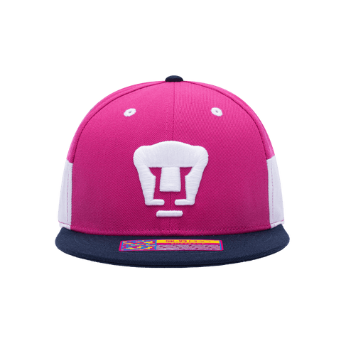 Front view of the Pumas Truitt Snapback with high crown, flat peak, and snapback closure, in Pink/White.