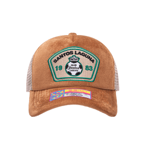 Front view of the Santos Laguna Camionero Trucker with high crown, curved peak, and snapback closure on mesh back, in brown.