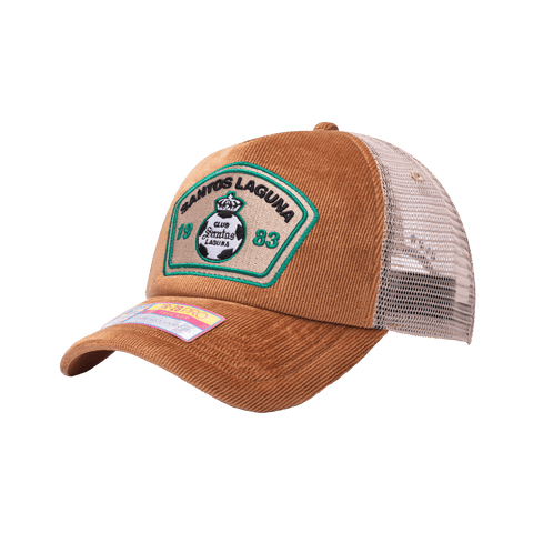 Side view of the Santos Laguna Camionero Trucker with high crown, curved peak, and snapback closure on mesh back, in brown.