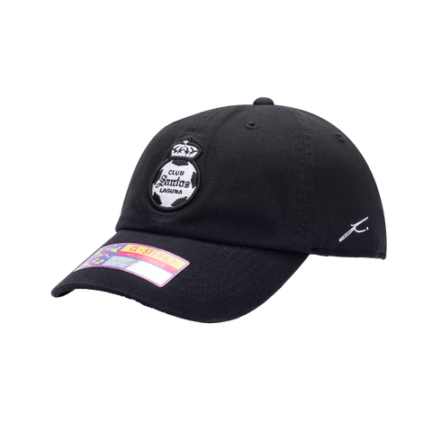 Side view of the Santos Laguna Hit Classic hat with low unstructured crown, curved peak brim, and buckle closure, in black.