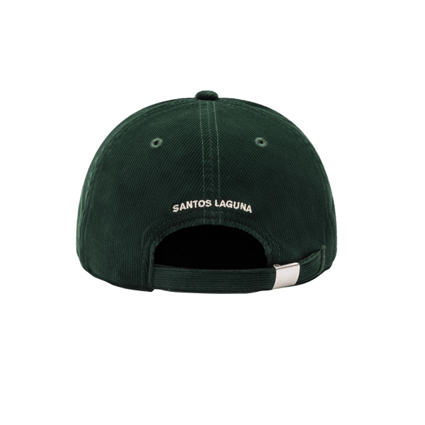 Santos Laguna Princeton Classic Hat in soft fine wale corduroy construction, unstructured low crown, curved peak brim, adjustable flip buckle closure, front embroidered wool backed applique patch with merrowed edges, back embroidered club name, in green.