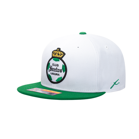 Side view of the Santos Laguna Team Snapback in white and green, with high crown and flat peak.