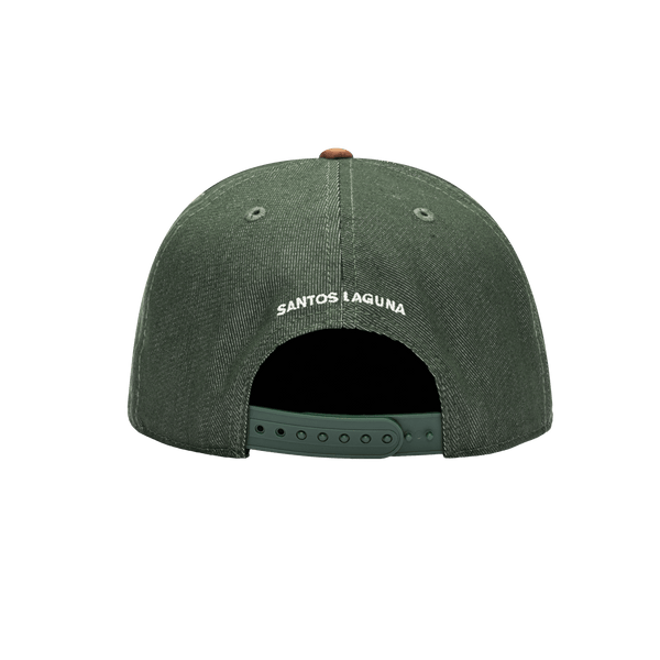 Back view of the Santos Laguna Orion Snapback with high structured crown, flat peak suede-like brim, and snapback closure, in Green/Brown.