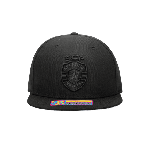 Front view of Sporting Clube de Portugal Dusk Snapback with high crown, flat peak, and snapback closure, in Black